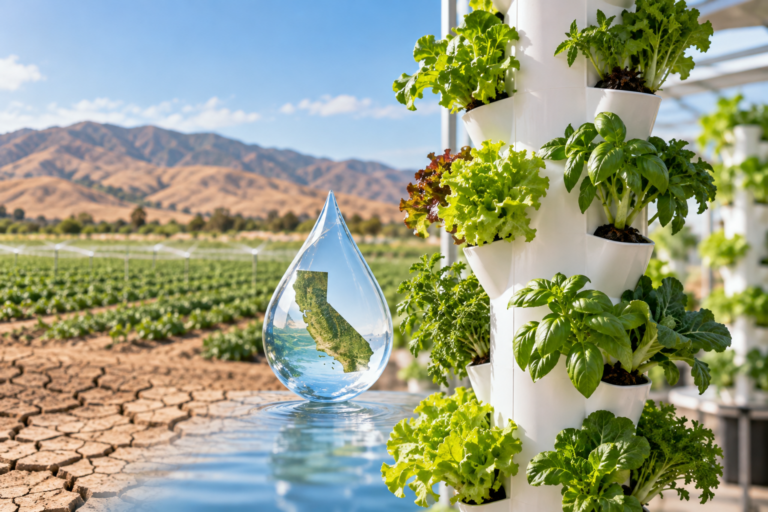 Vertical hydroponic garden with leafy greens beside a water droplet reflecting California farmland, mountains, and cracked dry soil; hopeful tone.