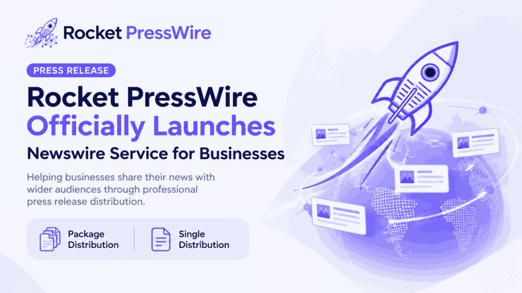 Rocket PressWire launch graphic: a purple rocket rises over a glowing digital globe with floating news cards, promoting business press releases.