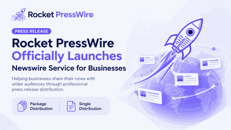 Rocket PressWire launch graphic: a purple rocket rises over a glowing digital globe with floating news cards, promoting business press releases.