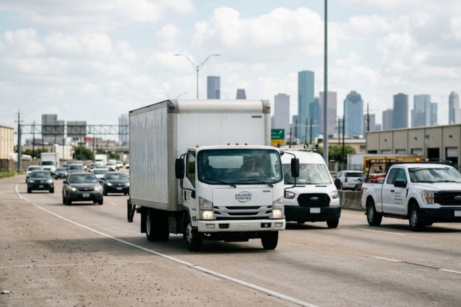 A white delivery truck leads traffic on a sunny urban road, with vans and cars nearby and a modern city skyline in the distance; busy, everyday mood.